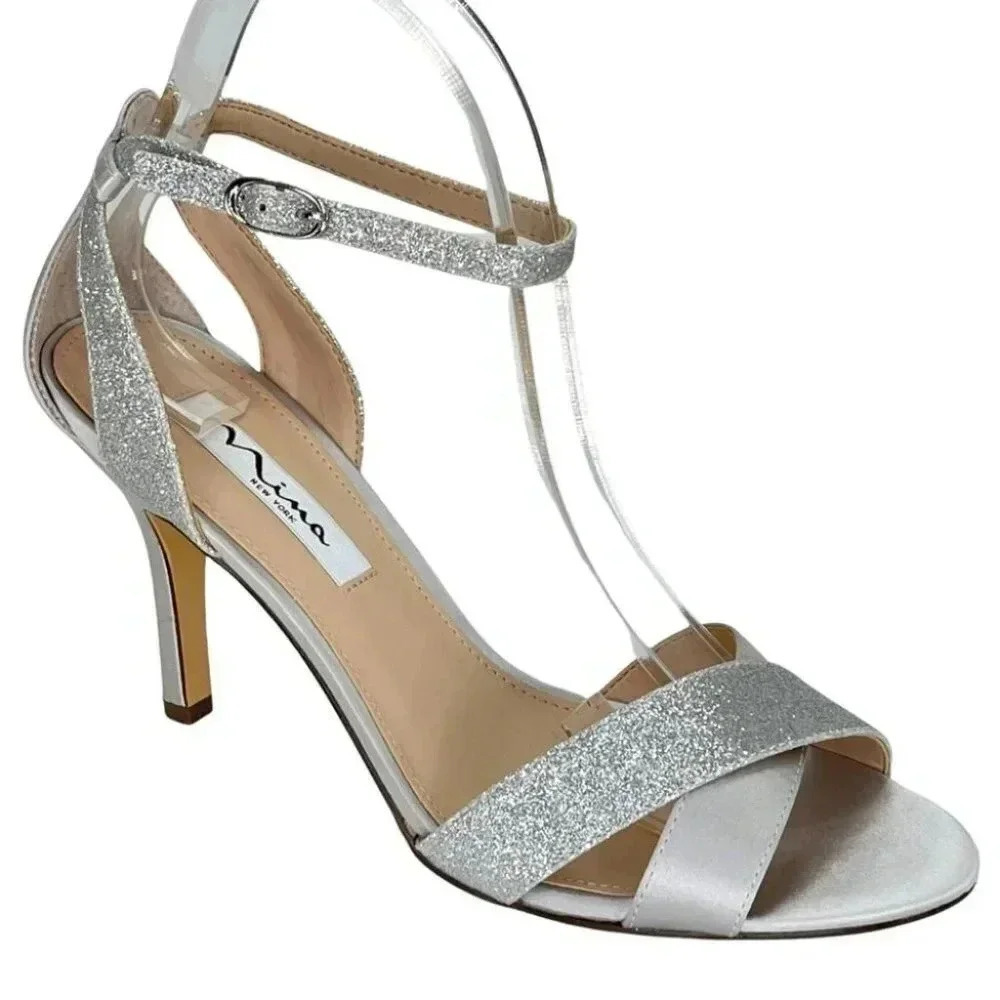 Nina Venus Silver Satin Fabric Glitter Accent Womens Heels Size 9M - Picture 1 of 14